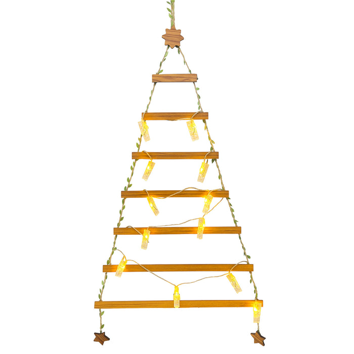 Wall Hanging Christmas Tree Photo Holder with 12 Warm LED Clip Lights Wooden Photo Hanger 46x94 cm