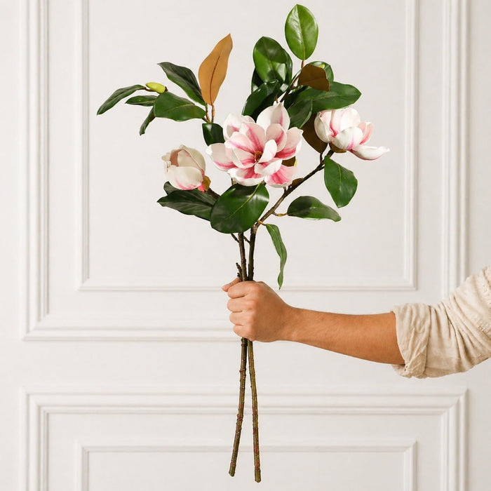 Art Street Artificial Magnolia Flower Stems Pink & White – Realistic Faux Magnolia Branches with Green Leaves for Home Décor, Vase Fillers, Living Room & Wedding Decoration (Set of 2), 34 Inch
