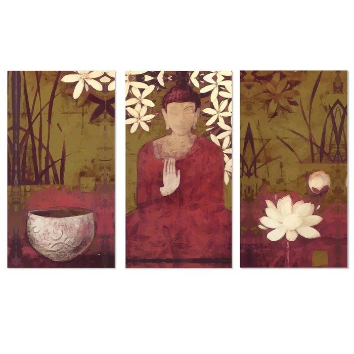 Art Street Stretched on Frame Modern Canvas Wall Art Painting Lord Calm Buddha in Red Choga Art Wall Decor For Home, Bedroom, Office Decoration (Set Of 3, 12x22 Inch)