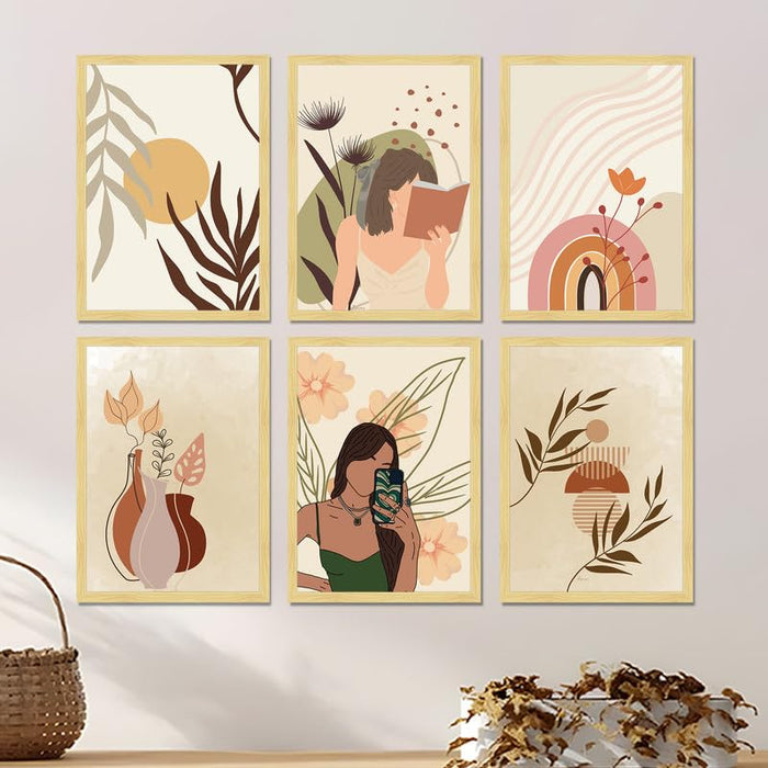 Boho Portrait & Abstract Framed Painting Wall Art Set of 6 | Modern Feminine, Botanical & Rainbow Prints | Soft Neutral Tones | Engineered wood Frame Wall Décor, (Size: A3)