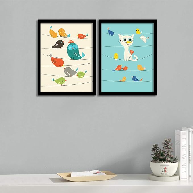 Birds Theme 2 Poster Set With Frame For Kids Room - 13.5 X 17.5 Inch