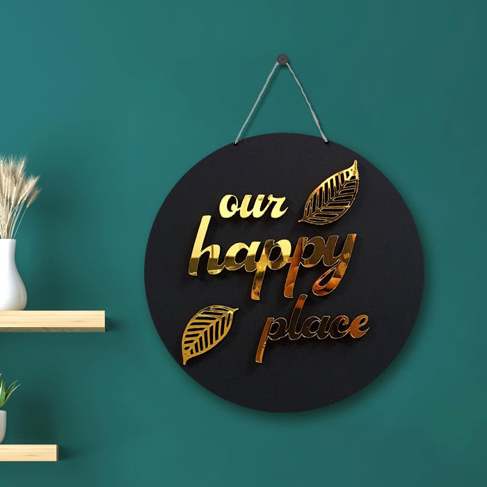 Art Street Wall Décor Black & Gold-Toned Our Happy Place Wall Sign MDF for Home Decoration, Round Shape Wall Hanging, Decorative Home Décor for Living Room, Black (13X10 Inches)