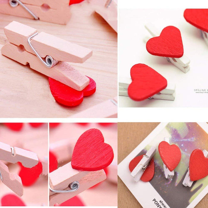 Mini Spring Red Heart Wood Clips - Set of 20 pcs Clothes Photo Paper Peg Pin Craft Clips Party Home Decoration