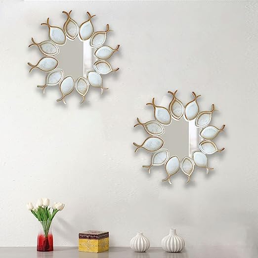 Art Street Golden & Silver Leaves Wall Mirrors for Home Décor Round Shape Decorative Wall Mirror for Living Room Decoration (Golden & Silver, Size -10 x 10 Inchs)