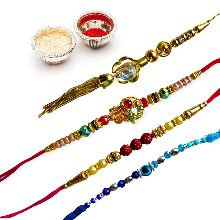 Art Street Brother Rakhi Gift Combo Set One Peacock Rakhi for Brother, Lumba Rakhi For Bhabhi, One Evil Eye For Kids, One Mauli Rakshabandhan Rakhi/Lumba Rakhi/Rudraksh Rakhi/Gift Hamper