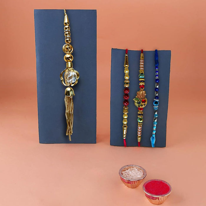 Art Street Brother Rakhi Gift Combo Set One Peacock Rakhi for Brother, Lumba Rakhi For Bhabhi, One Evil Eye For Kids, One Mauli Rakshabandhan Rakhi/Lumba Rakhi/Rudraksh Rakhi/Gift Hamper