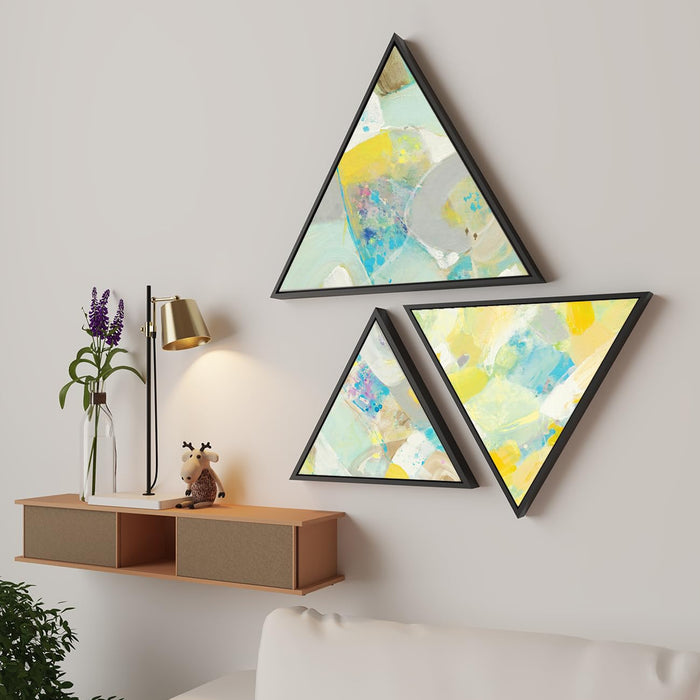 Art Street Canvas Triangle Abstract Wall Painting Stretched on Wooden Framed For Home Decoration (Set Of 3, 10x10, 12x12, 16x16 Inch)