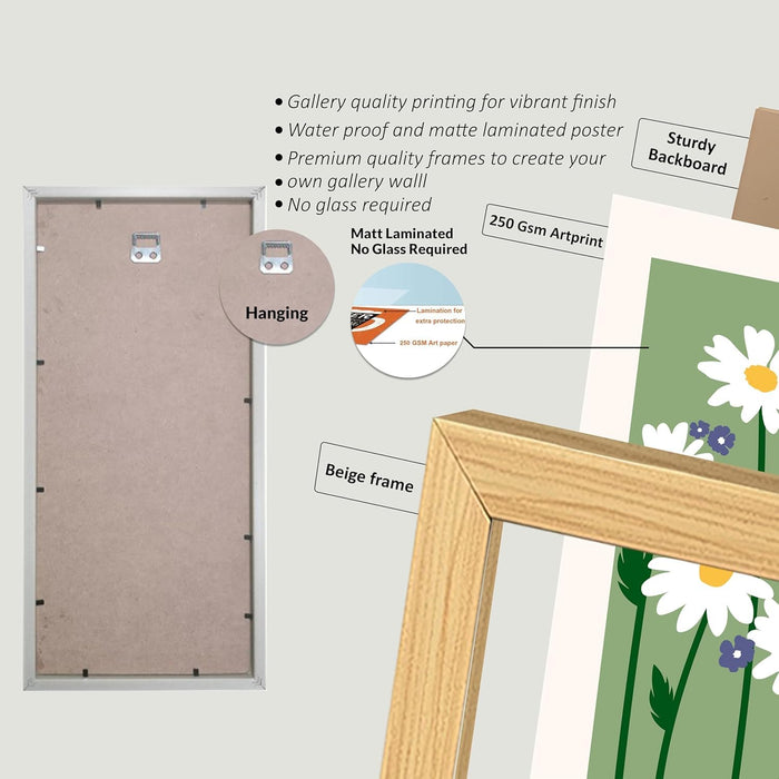 Framed Art Print Set of 3 Floral Turkish and Islamic Wall Art Prints Madhubani-Inspired Indian Prints Wall Hanging Frame Beige 25x48 cm