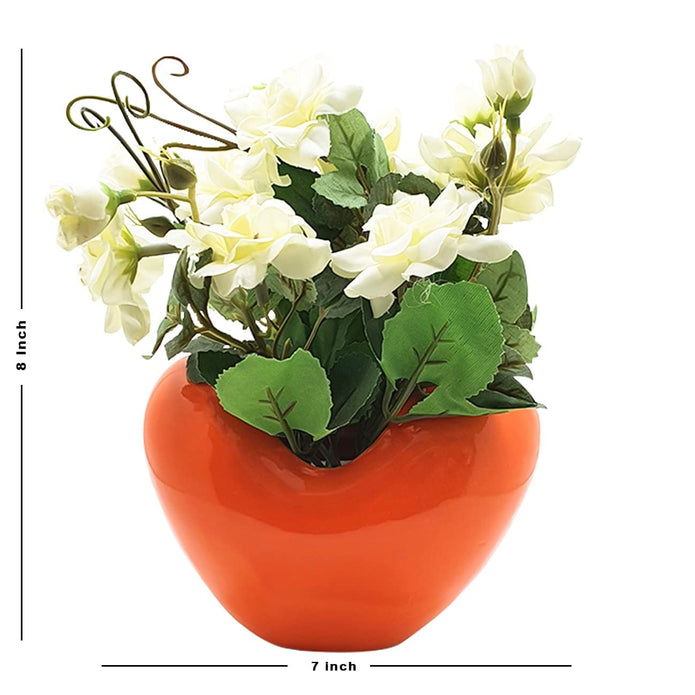Artificial Ceramic Red Heart Shape Flower Vase with Artificial Plants White Roses, Flower Pot for Home & Office Decoration. ( Color - Red)