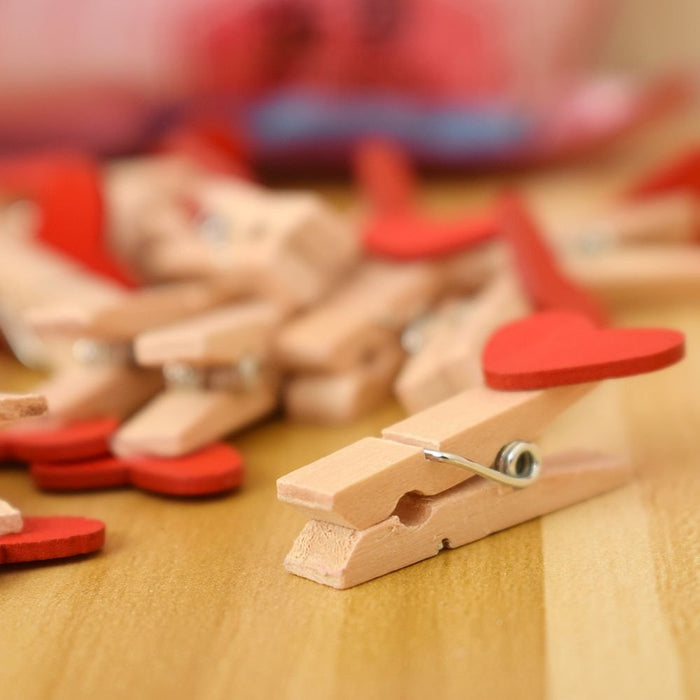 Mini Spring Red Heart Wood Clips - Set of 20 pcs Clothes Photo Paper Peg Pin Craft Clips Party Home Decoration