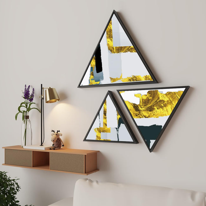 Triangle Canvas Wall Painting Stretched on Wooden Framed For Home Decoration (Set Of 3, 10x10, 12x12, 16x16 Inch)