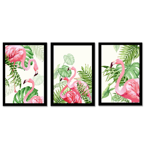 Tropical Pink Flamingo Framed Art Print for Home, Office Decoration (Set of 3, 9.4 x 12.9 Inches)