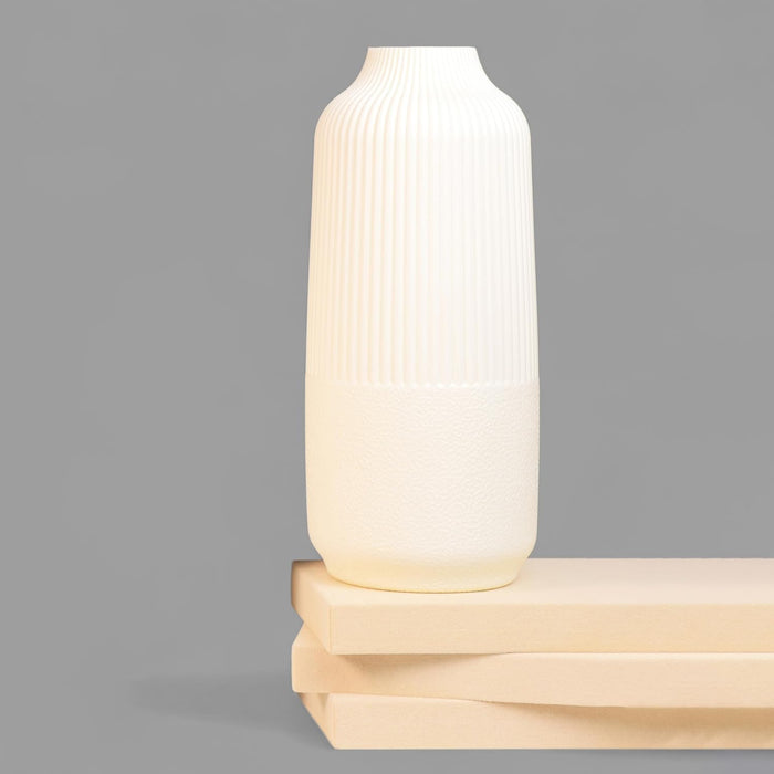 Beautiful Flower Vases for Home PVC Pot for Plants Stand Elegant Ribbed Texture White Vase Pot, Made of Durable Plastic PVC Height - 25 cm