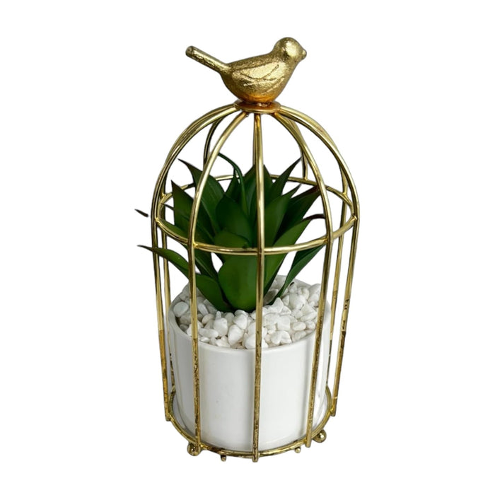 Art Street Artificial Plant & Pot in Gold Metal Cage with Bird, Fake Aloevera Plant in Pot for Home, Table, Window, Living Room, Bedroom, Office (White, Size: 3x7 Inch)