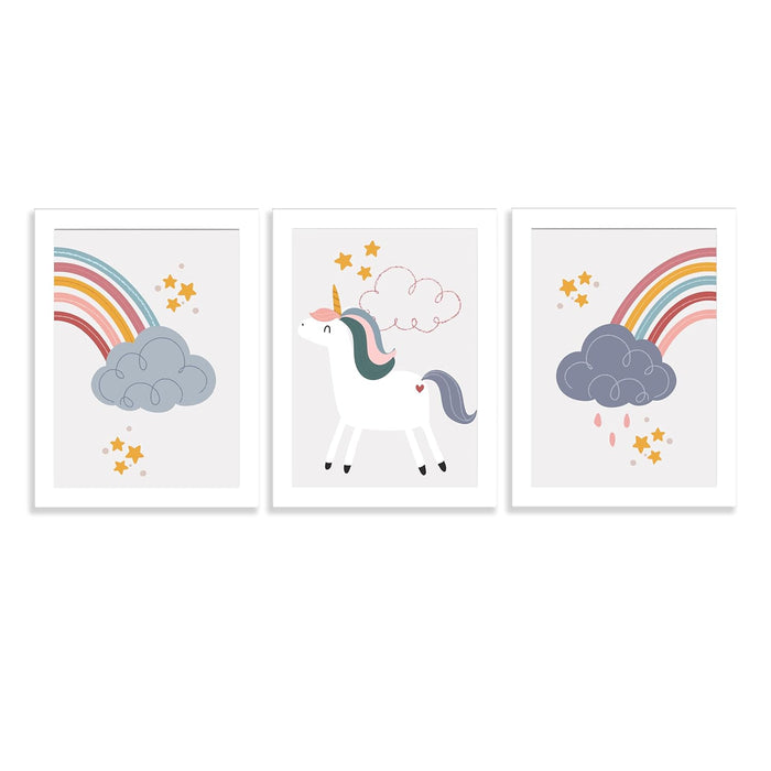 Art Street Unicorn & Cloud Colorful Nursery Kids Art Print for Home & Kids Room, bedroom Wall Hanging Decoration Items (Set of 3, 12.7x17.5 Inch, A3)