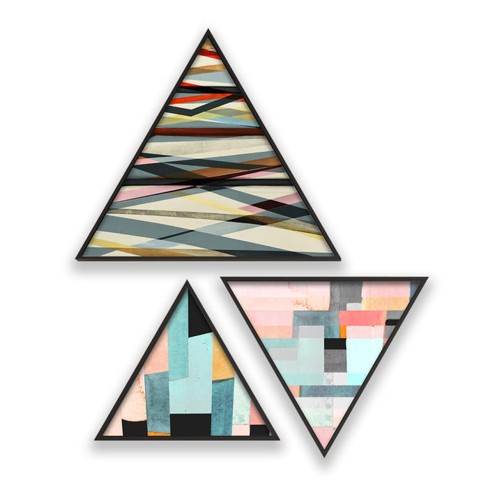 Art Street Triangle Canvas Abstract Geomatric Wall Painting Stretched on Wooden Framed For Home Decoration (Set Of 3, 10x10, 12x12, 16x16 Inch)