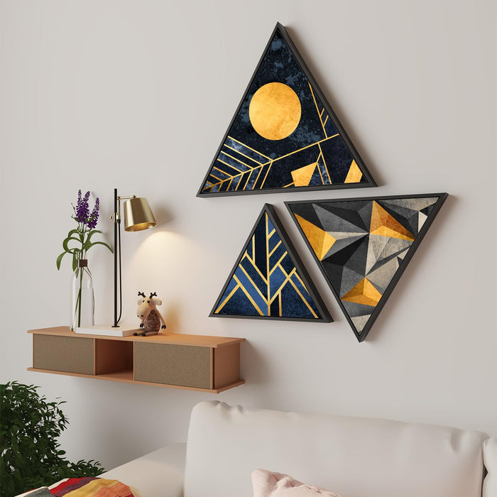 Art Street Canvas Triangle Abstract Wave Wall Painting- Set Of 3 (10x10, 12x12, 16x16 Inch), Black