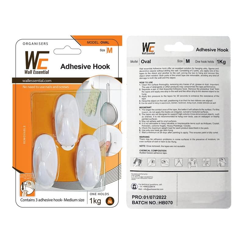 Adhesive Wall Hooks, Reusable Utility Wall Hook for Kitchen Bedroom  Damage-Free Pack of Pcs Sticky Wall Hooks, One Pcs Holds Strongly Up to  kg,