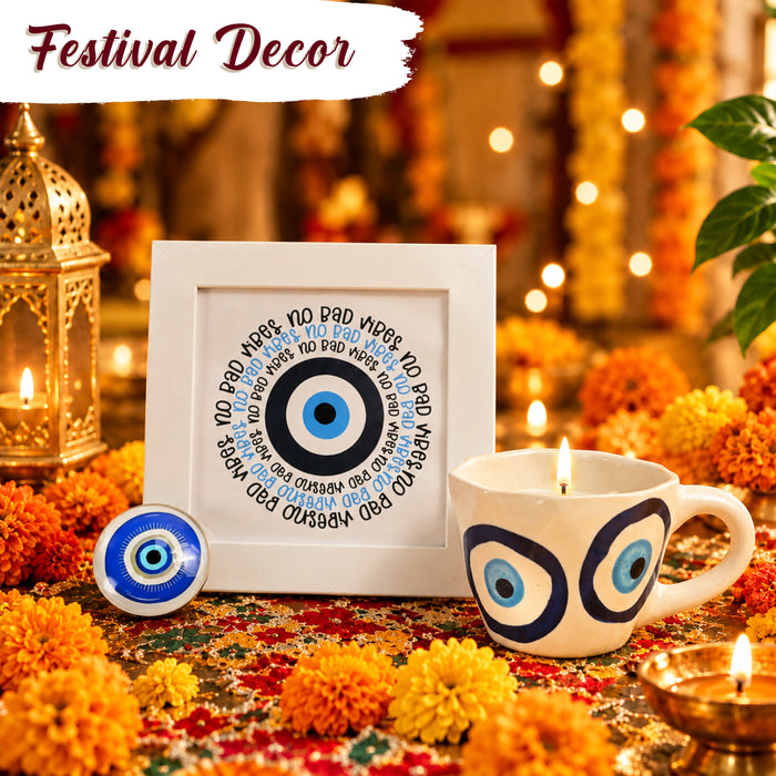 Diwali Evil Eye Gift Set with Photo Framed Art, Evil Eye Scented Candle & Round Coaster