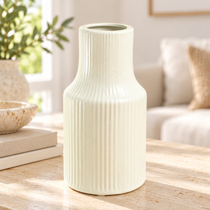 Pleated Ceramic Vase| Decorative Flower Pot for Home| Wedding, Living Room, Bedroom & Office Décor| New Year, Christmas Décor (Only Vase, 4x6 Inch)| Free Flower Stick with Vase