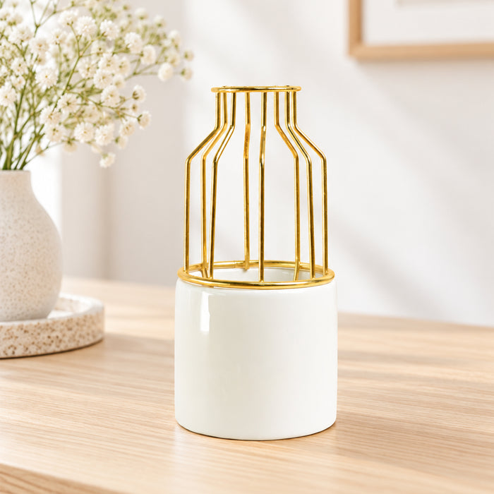 Ceramic Vase with Gold Metal Finish| White Flower Pot for Home| Living Room, Bedroom & Office Décor| Vase for Gift| Size 7x3 Inch| Free Flower Stick with Vase