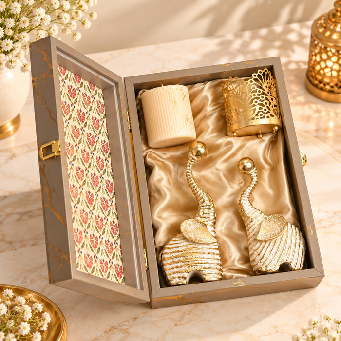 Diwali Luxury Gift Box with Gold Textured Elephant Figurine & Cutout Metal Votive Candle Holder in Satin-Lined Wooden Box