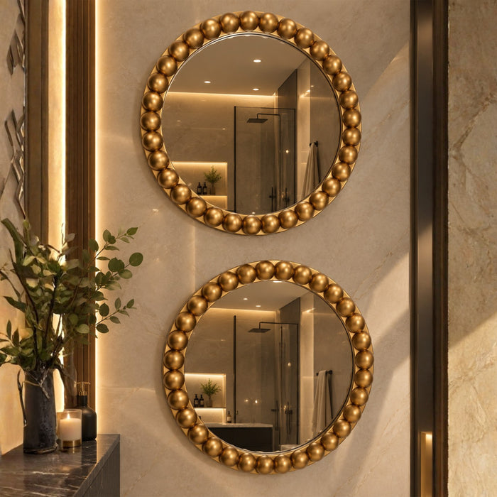 Round Wall Mirror Set of 2, Golden Beaded Frame Decorative Wall Mirrors for Living Room, Bedroom & Home Decor (10x10 Inch)