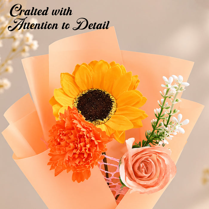 Artificial Flower Bouquet with Sunflower, Rose & Carnation in Peach Wrap, Mini Floral Gift for Birthday, Anniversary & Special Occasions