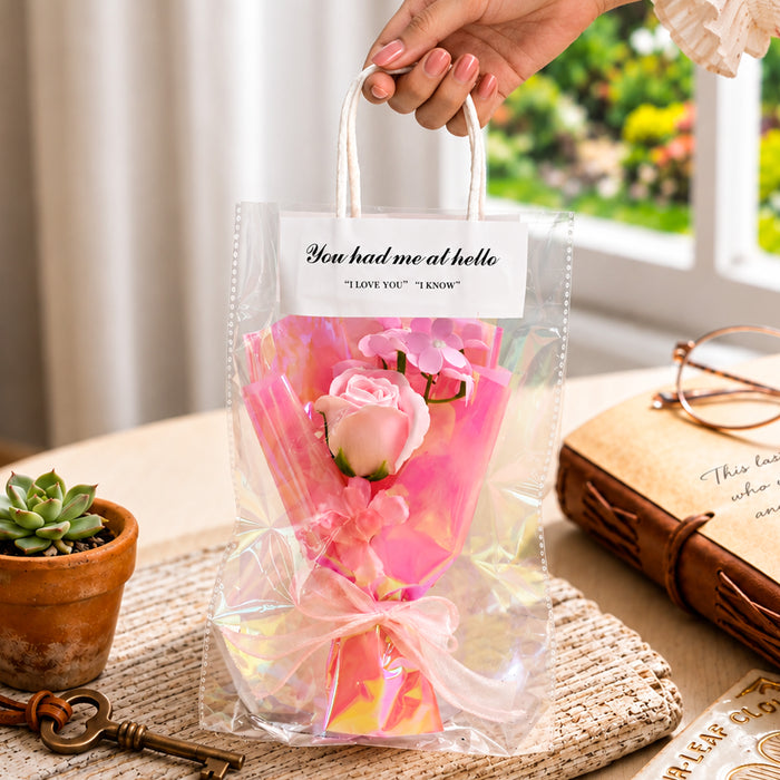 Pink Artificial Rose & Blossom Mini Bouquet, Elegant Floral Gift Wrapped in Pink Foil for Birthday, Anniversary, Valentine’s Day & Gifting