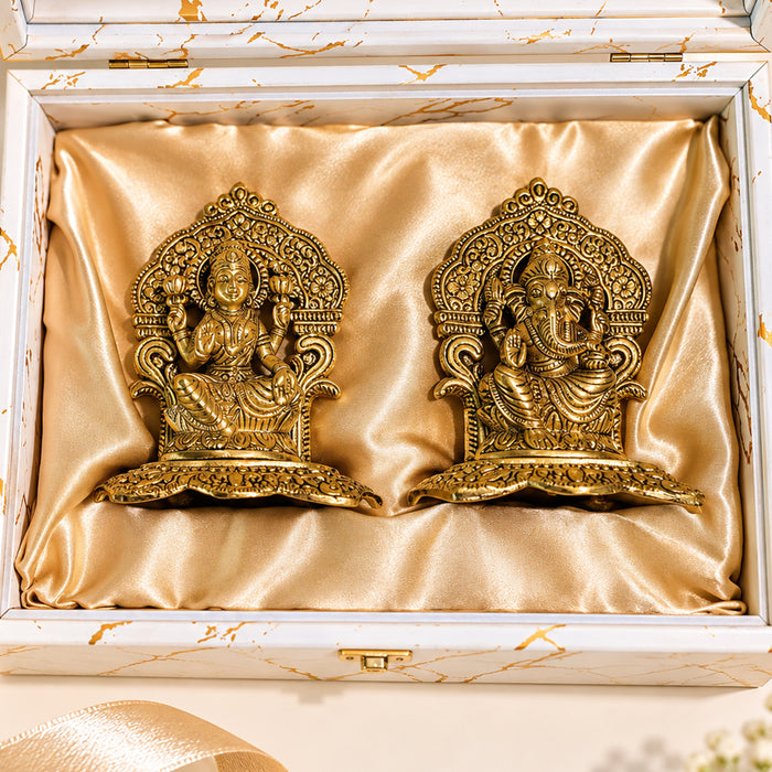 Art Street Lakshmi Ganesha Idol Set with White Marble Finish Box, Antique Gold Diwali Gift Box for Home Decor