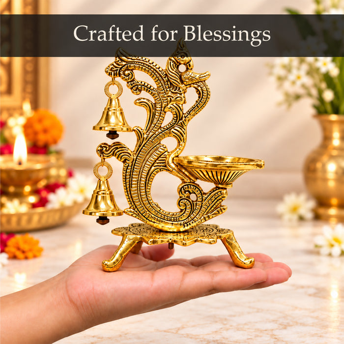 Diwali Peacock Diya Stand with Hanging Bells, Antique Decorative Oil Lamp for Pooja, Home Temple, Diwali & Festive Decoration