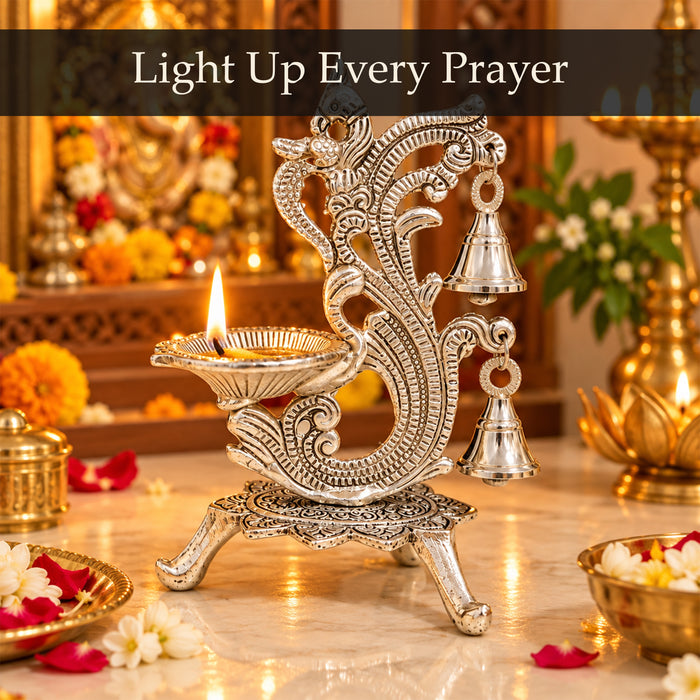 Diwali Peacock Diya Stand with Hanging Bells, Antique Decorative Oil Lamp for Pooja, Home Temple, Diwali & Festive Decoration