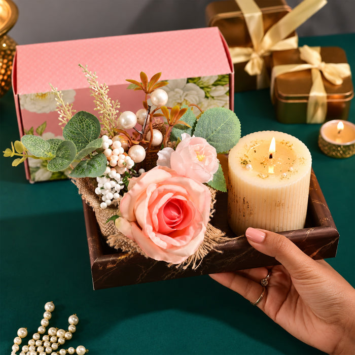 Diwali Gift Set with Pink Artificial Rose Pot, Scented Candle & Candle, Decorative Festive Gift Box for Diwali, Home Décor, Family & Friends Gifting