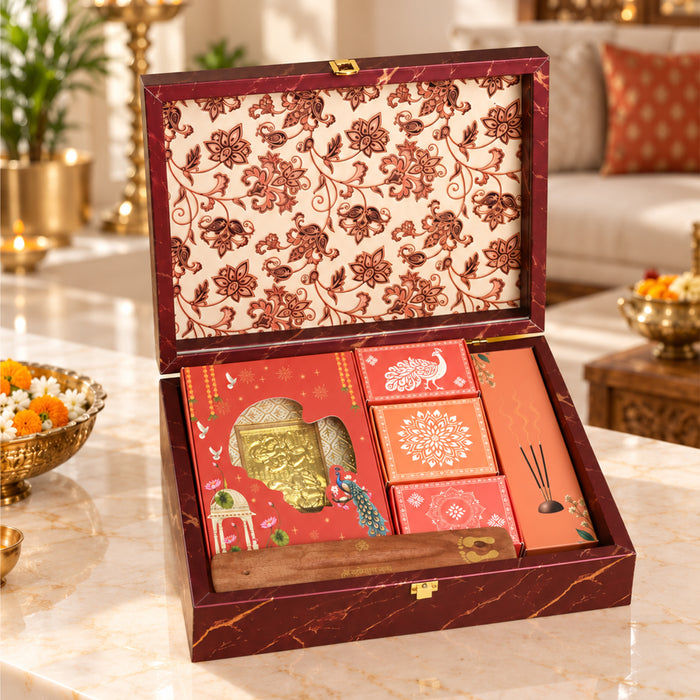 Diwali Pooja Gift Box with Brass Diya, Bell, Hanuman Chalisa Frame & Puja Accessories | Diwali Gift Hamper
