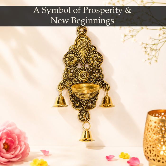 Brass Wall Hanging Diya with Bells, Decorative Oil Lamp Candle Holder for Diwali Puja, Temple & Home Decor