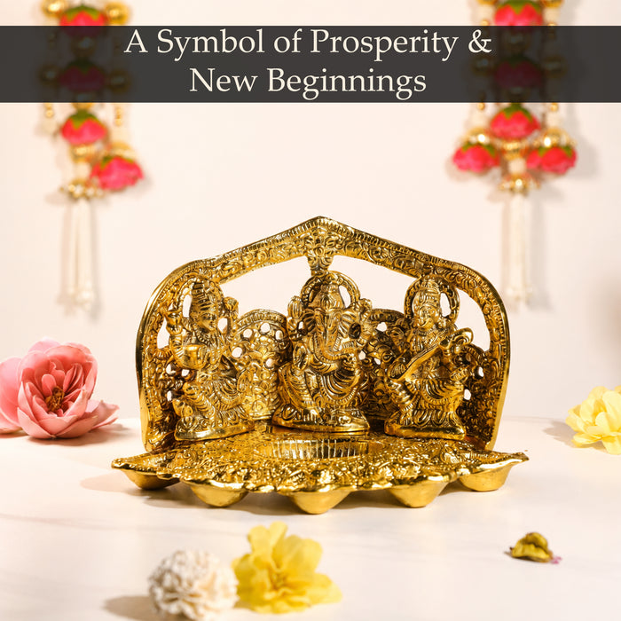 Gold Plated Laxmi Ganesh Saraswati Idol Statue Frame Set for Diwali Puja, Mandir, Home Decor & Festive Gifting