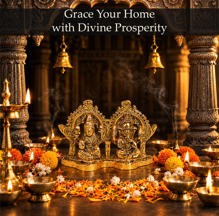 Antique Brass Laxmi Ganesh Statue Set, Metal Lakshmi Ganesha Idol Murti for Diwali Puja, Mandir & Gifting