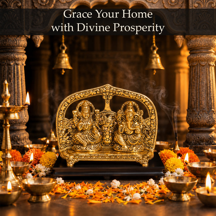 Gold Plated Laxmi Ganesh Statue Frame, Metal Lakshmi Ganesha Idol Murti for Diwali Puja, Decor & Gifting