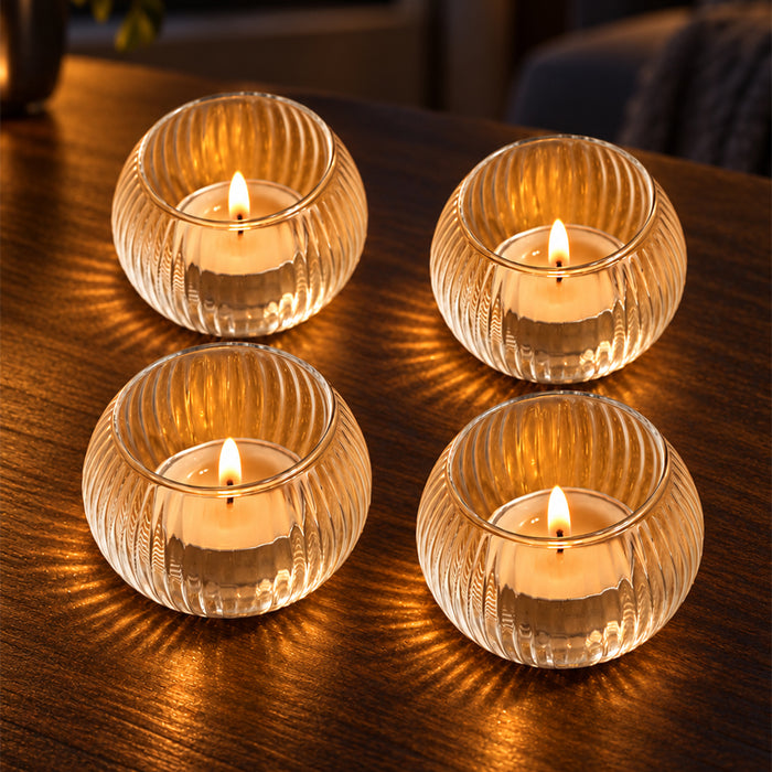 Set of 4 Glass Round Votive Candle Holders, Tea Light Cups for Diwali Decoration & Festive Home Decor (5x4.5 cm)