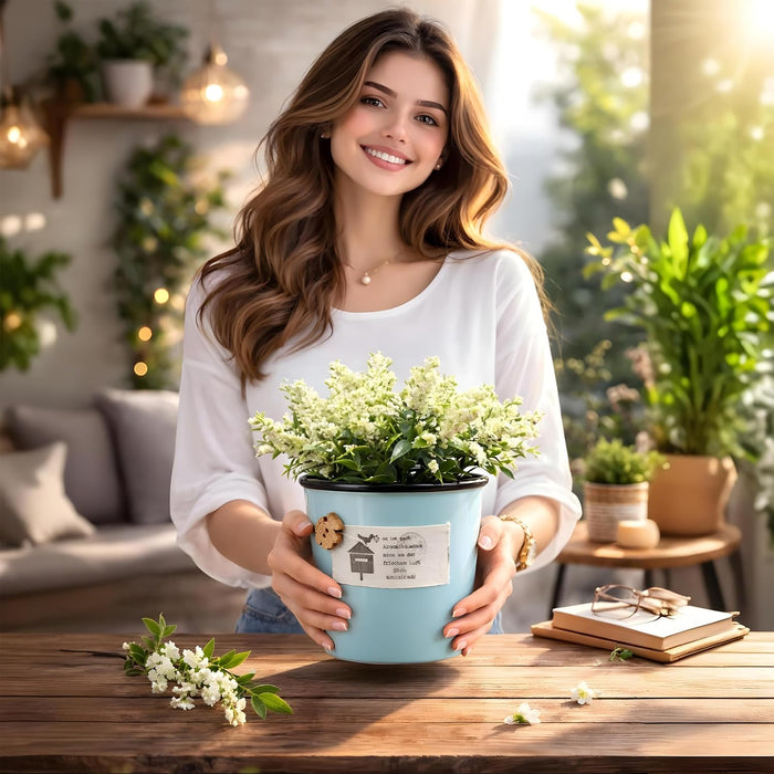 Ceramic Flower Pot with Artificial White Flowers | Decorative Tabletop Planter for Home, Office