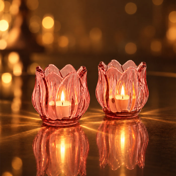 Set of 2 Pink Flower Shaped Glass Votive Candle Holders, Lotus Tea Light Stands for Diwali Decoration & Festive Home Decor (8x6 cm)