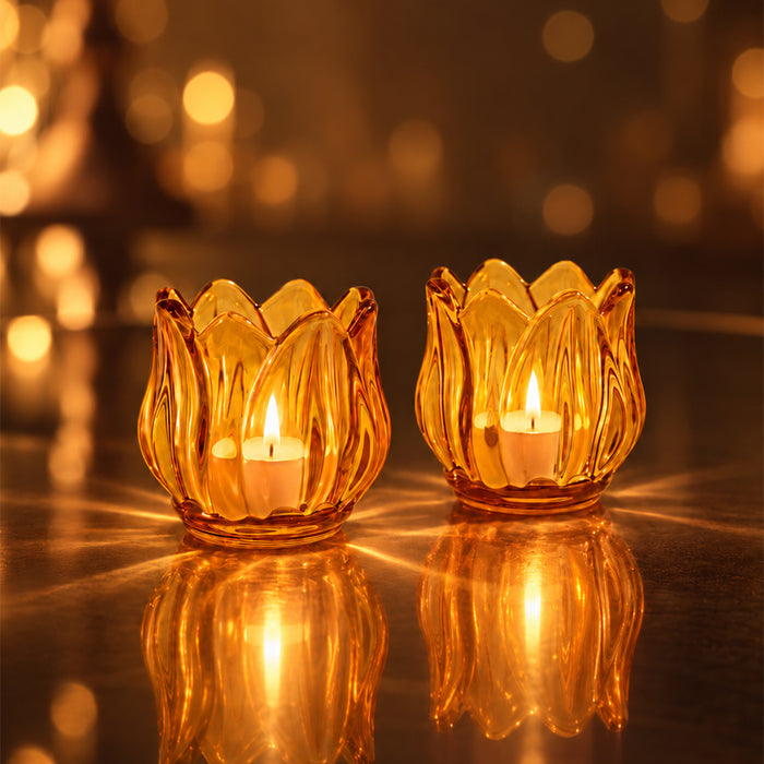Set of 2 Pink Flower Shaped Glass Votive Candle Holders, Lotus Tea Light Stands for Diwali Decoration & Festive Home Decor (8x6 cm)