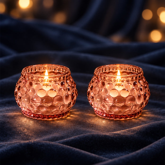 Set of 2 Pink Glass Votive Candle Holders, Decorative Tea Light Holders for Diwali Decoration & Festive Home Decor (5x4.5 cm)