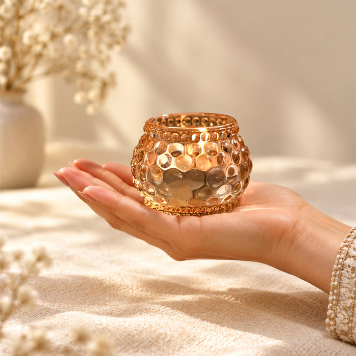 Set of 2 Pink Glass Votive Candle Holders, Decorative Tea Light Holders for Diwali Decoration & Festive Home Decor (5x4.5 cm)
