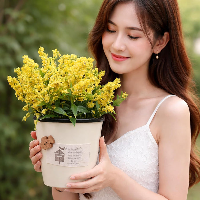 Ceramic Flower Pot with Artificial Yellow Flowers | Decorative Tabletop Planter for Home, Office