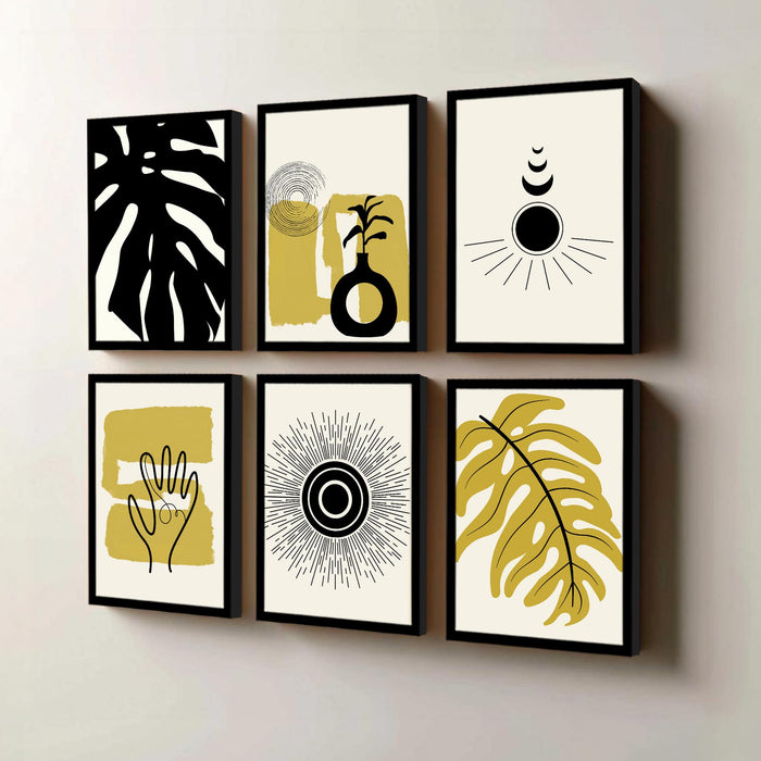 Abstract Botanical & Geometric Framed Painting Wall Art Set of 6 | Modern Neutral Prints | Beige, Brown & Black Tones | Engineered wood Frame Wall Décor, (Size: A3)