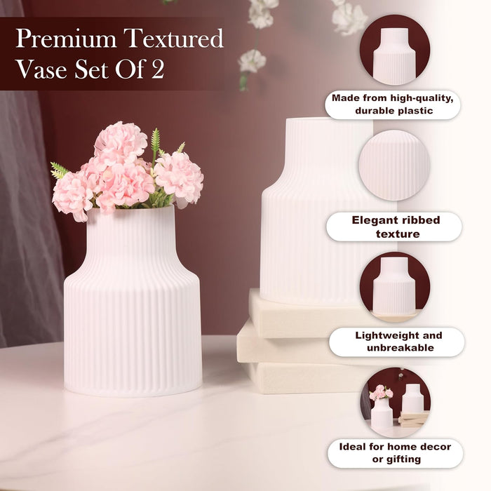 Beautiful Flower Vases, PVC Pot for Plants Stand Elegant Ribbed Texture White Vase Pot, Made of Durable Plastic PVC Height - 15 cm