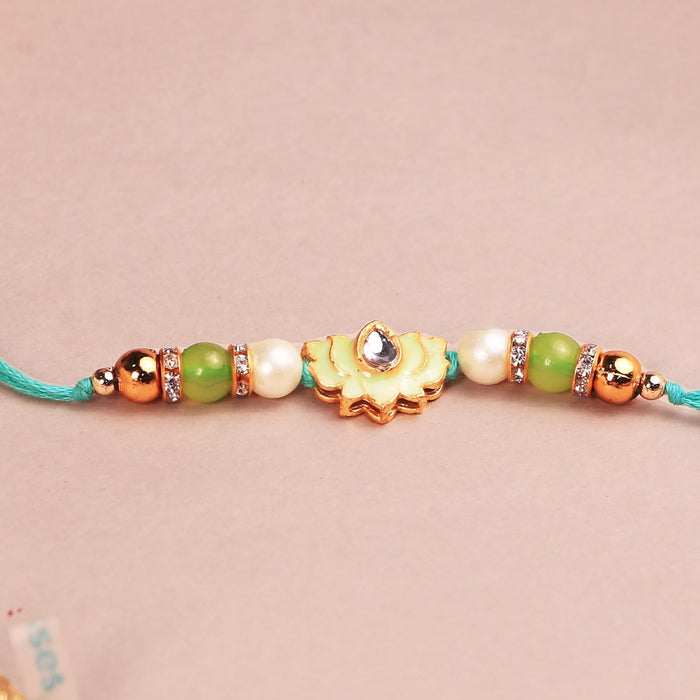 Rakhi Set for Brother and Bhabhi Premium Lotus Flowers Rakhi with Roli and Chawal for Raksha Bandhan (Set of 5)