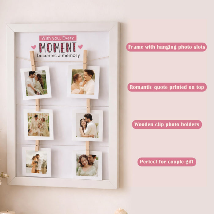 SNAP ART Photo Hanging Display with Clips, Personalized Wooden Photo Frame for Couple Memories, Valentine’s Day Gift for Girlfriend Boyfriend Spouse, Romantic Wall Photos Frame, 23x32 cm