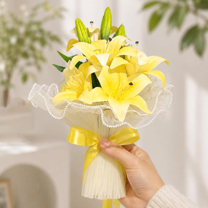 Art Street Artificial Yellow Lily Flower Bouquet with Decorative Wrapping | Realistic Fake Flowers